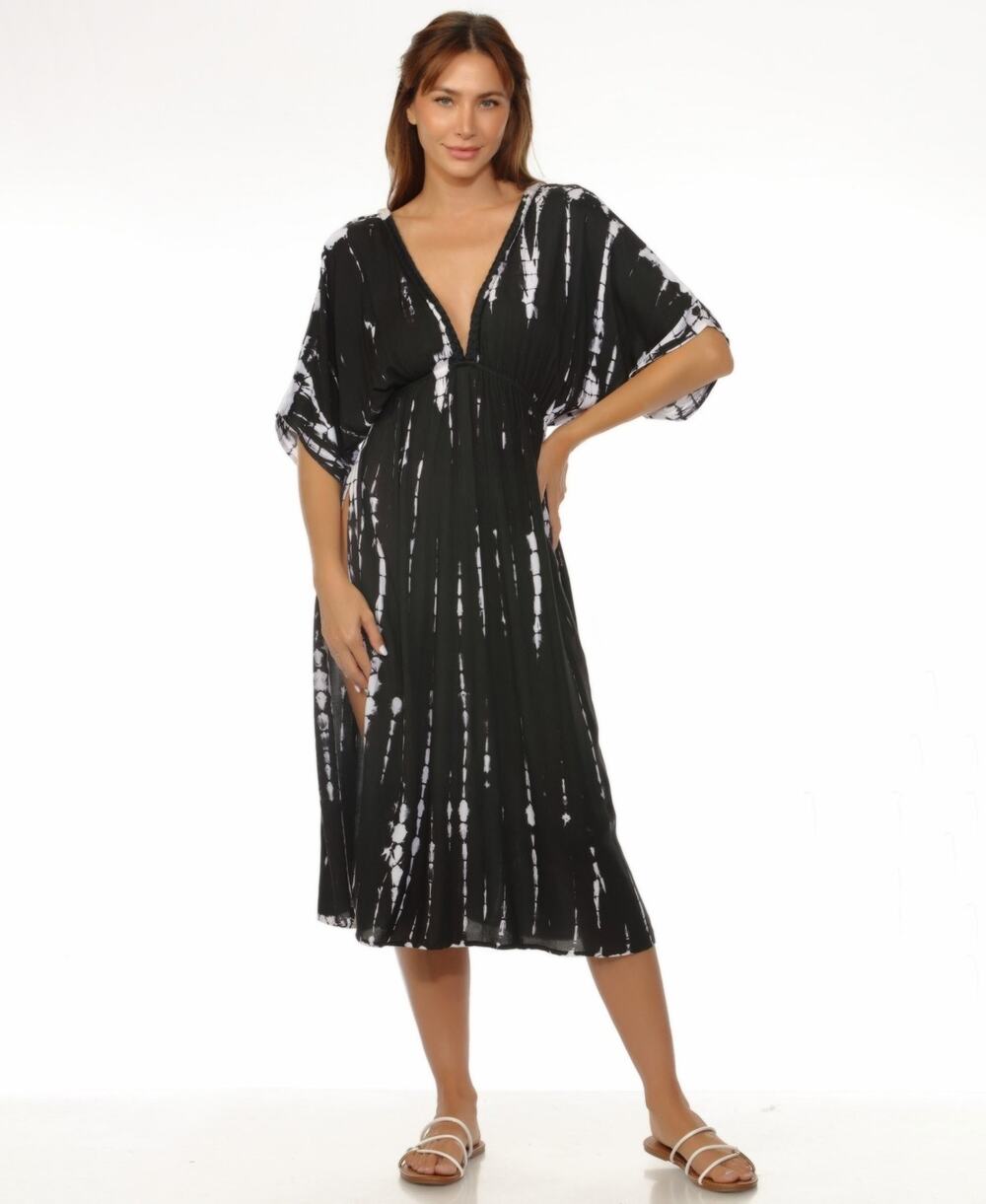 Raviya Women's Tie-Dyed Braid-Trim V-Neck Cover-Up Dress Black Size L 4210